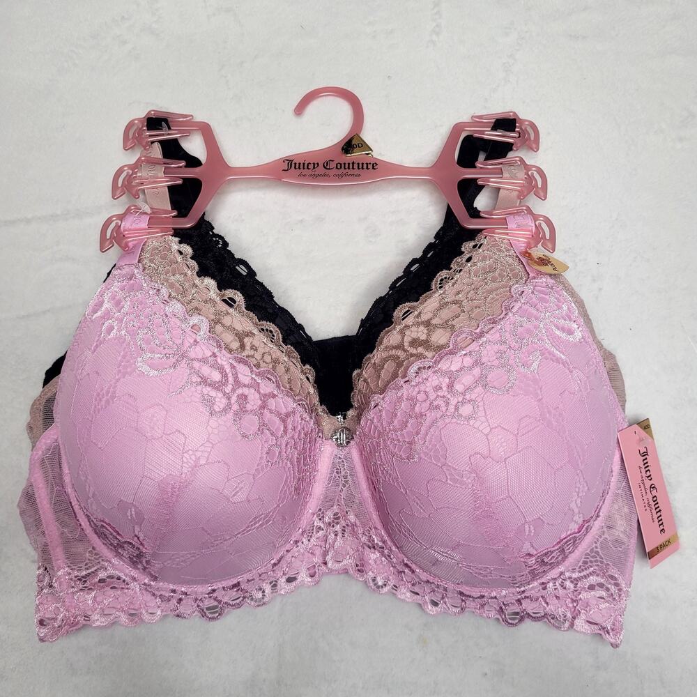 Juicy Couture 40D Lace Pink Nude Black Bra Set Dainty Romantic Feminine Cute NWT